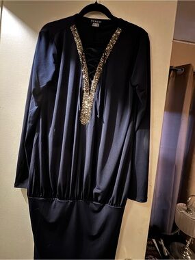 VENUS Black Dress with silver Sequin V-Neck